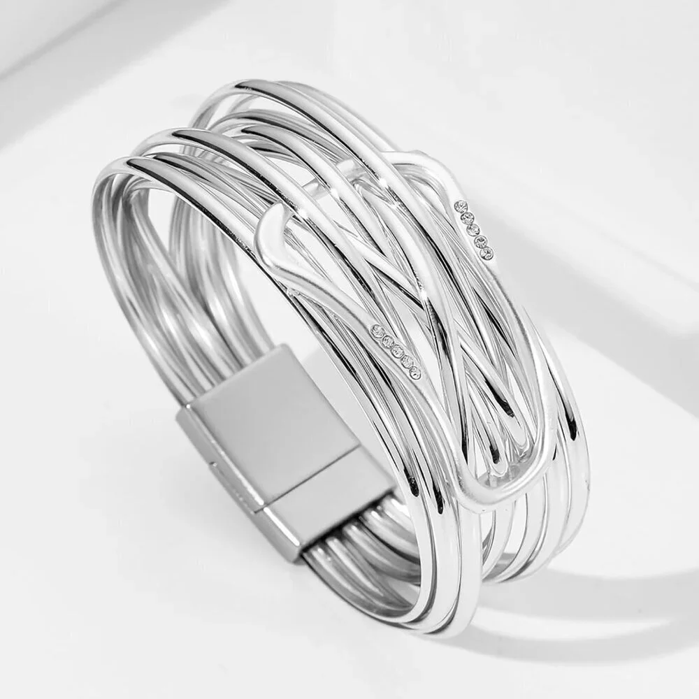 Women's Silver Leather Wrap Multi Layer Pearl Crystal Magnetic Clasp Bracelet